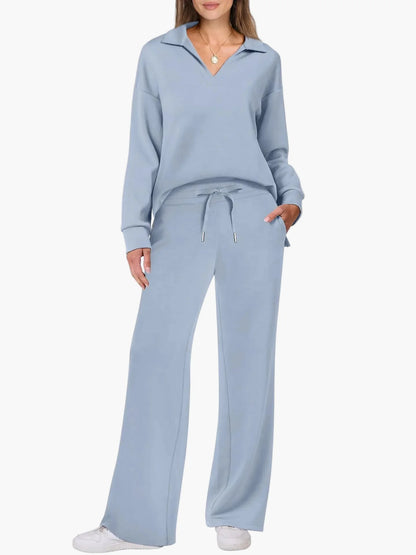 Women's leisure set with wide leg and V-neck – Comfortable loungewear outfit for everyday & travel