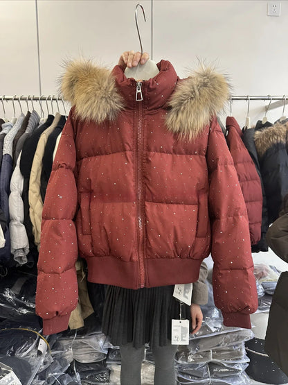 Women's quilted jacket with faux-fur hood and glitter details