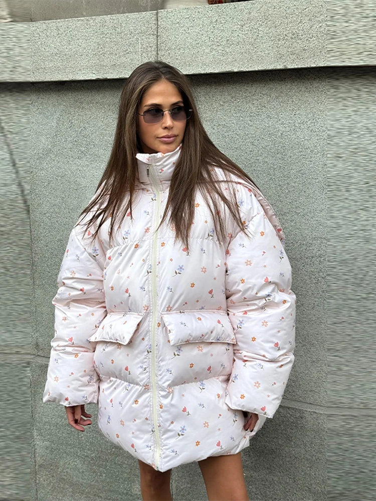 Damen Oversize Steppjacke mit Kapuze und Handschuhen