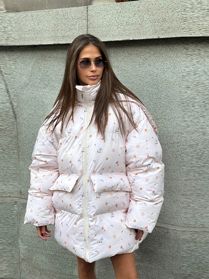 Damen Oversize Steppjacke mit Kapuze und Handschuhen