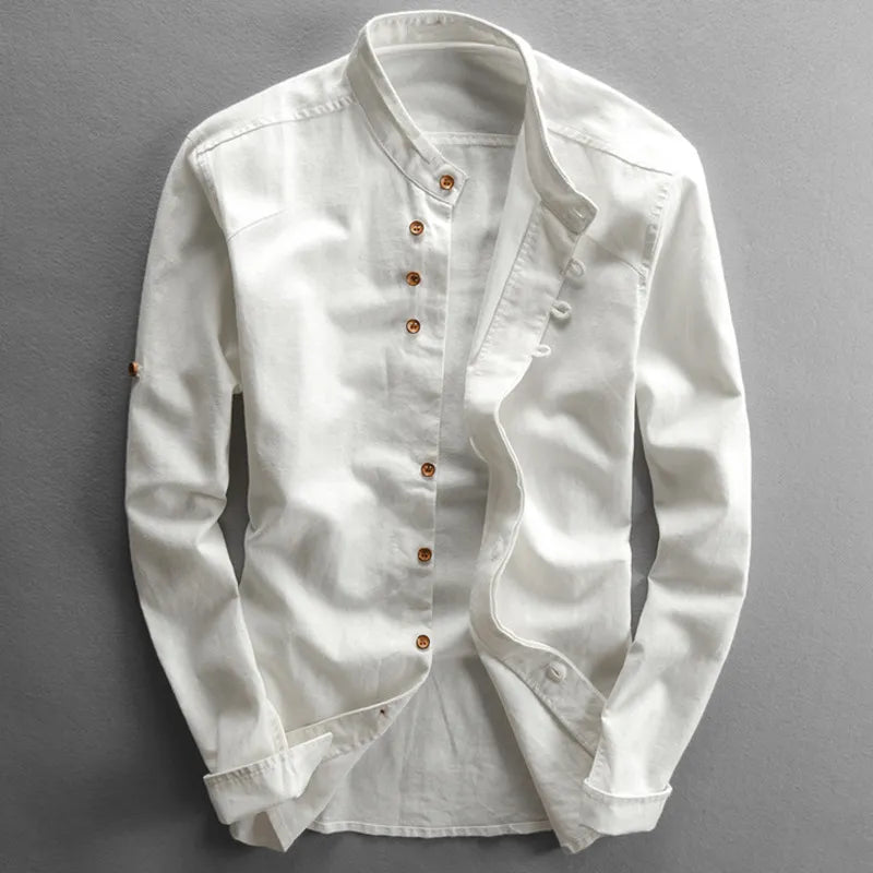 Men's Stand Collar Casual Shirt Vintage Style – Modern Long Sleeve Shirt for Everyday and Business