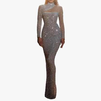 Damen Abendkleid Elegant Glitzer Langarm Bodycon Gala Party