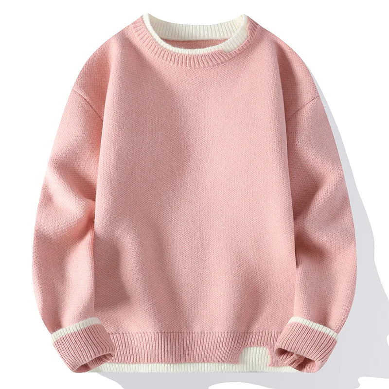 Unisex Two-Tone Crew-Neck Knit Sweater Pink Beige Black Gray Khaki Blue