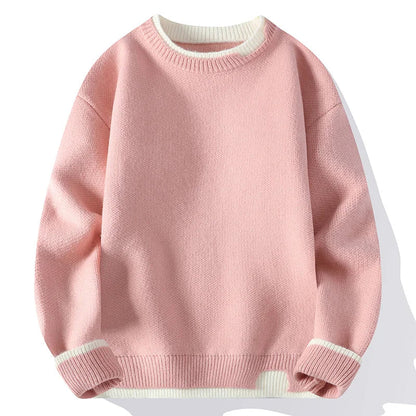 Unisex Two-Tone Crew-Neck Knit Sweater Pink Beige Black Gray Khaki Blue