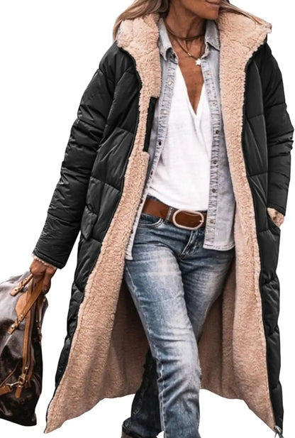 Long women's quilted coat with teddy lining & hood - Warmly lined winter coat