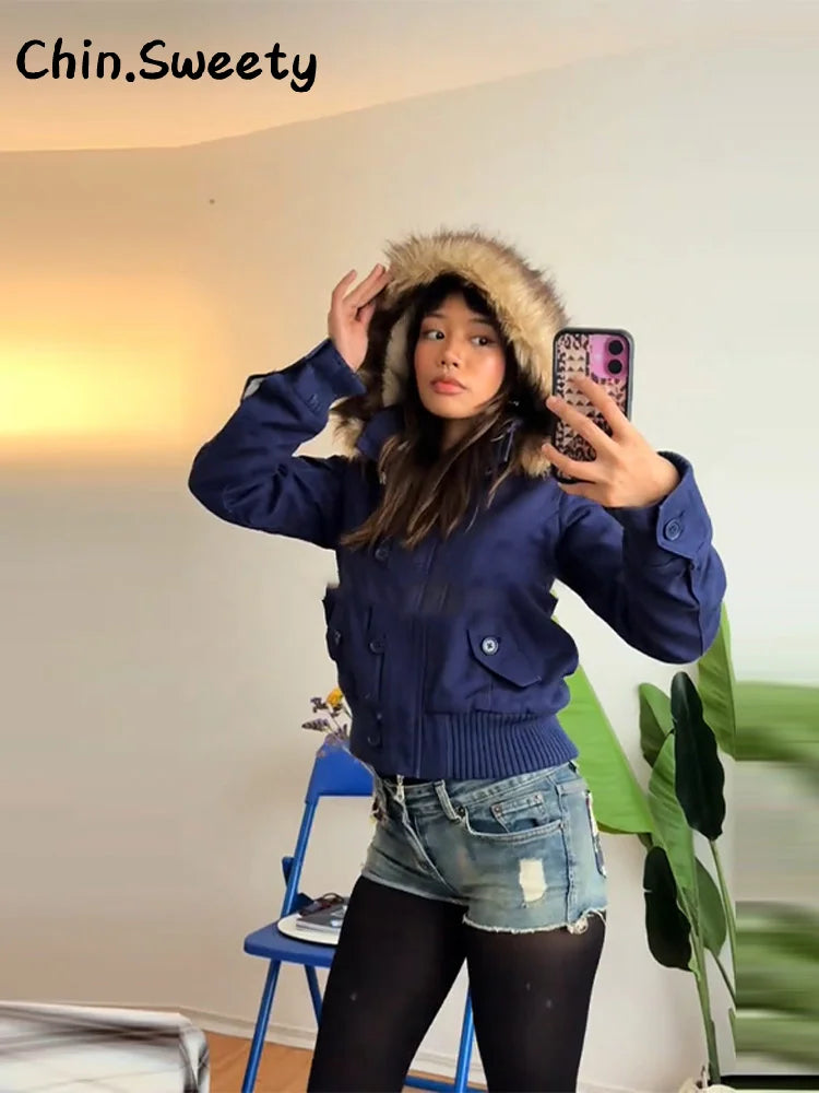 Women's bomber jacket with hood and faux fur collar, brown