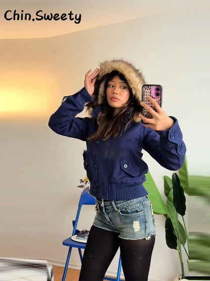 Women's bomber jacket with hood and faux fur collar, brown