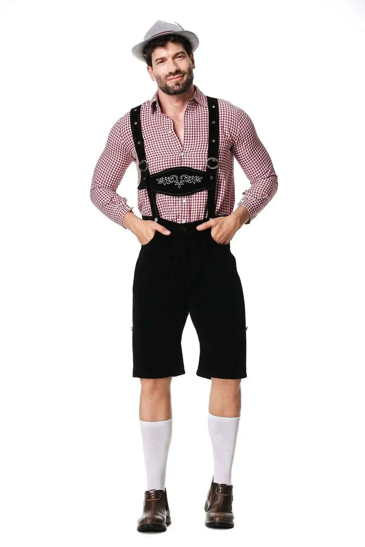 Herren Lederhose Trachtenkostüm kariertes Hemd Tracht Oktoberfest Braun Schwarz