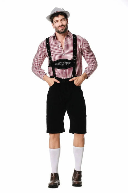 Herren Lederhose Trachtenkostüm kariertes Hemd Tracht Oktoberfest Braun Schwarz