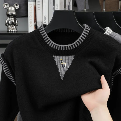 Men's Crew-Neck Knit Sweater with Pattern Detail and Contrast Cuffs
