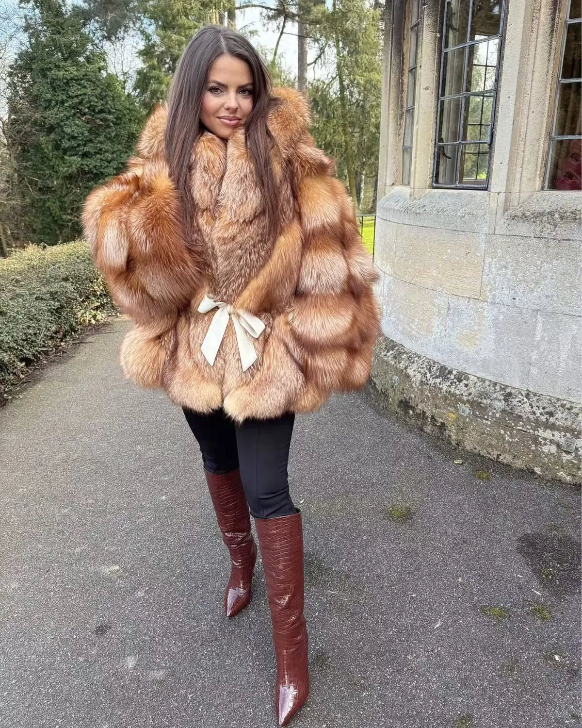Fur coat with hood and striped pattern, short winter coat