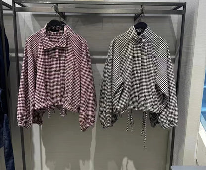 Damen Bluse mit Stehkragen und Vichy-Karo Muster – Langarm, verstellbarer Saum