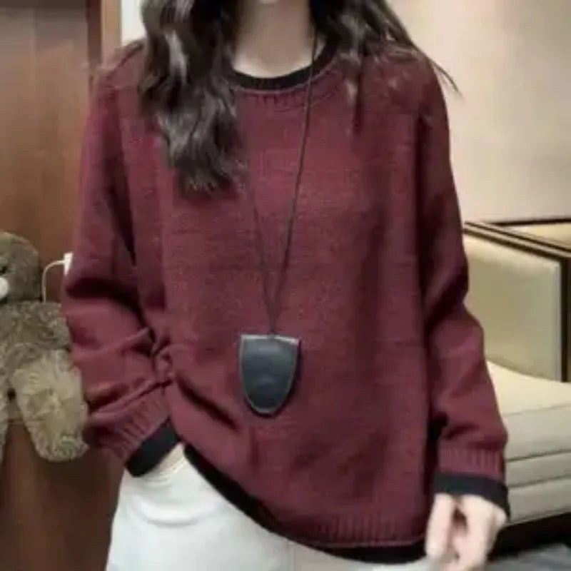 Women's long-sleeve sweater with crew neckline, ribbed cuffs and hem