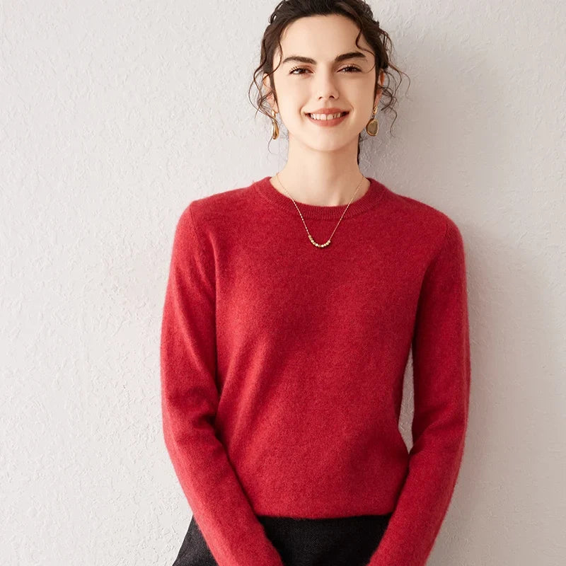 Women's crew-neck long-sleeve basic knitted sweater, cozy pullover