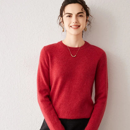 Women's crew-neck long-sleeve basic knitted sweater, cozy pullover