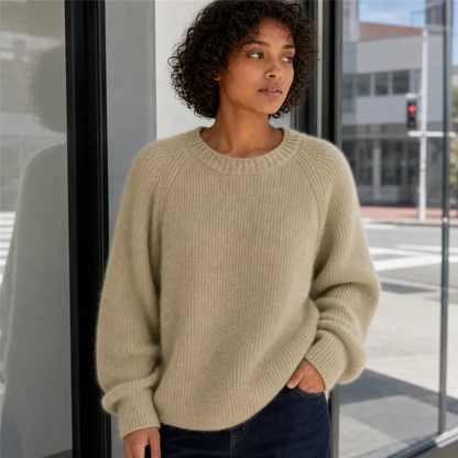 Women's Oversized Crewneck Knit Sweater with Raglan Sleeves