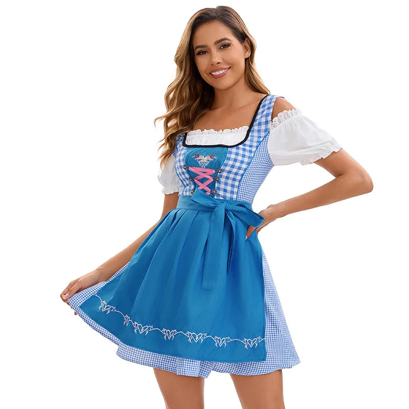 Dirndl Kleid Blau Weiß Kariert mit Schürze und Stickerei