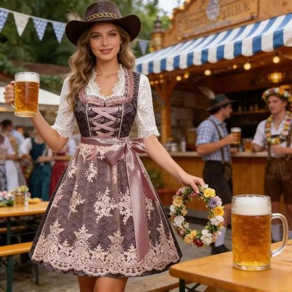 Dirndl Damen Grau-Rosa Spitze Trachtenkleid 3-teilig