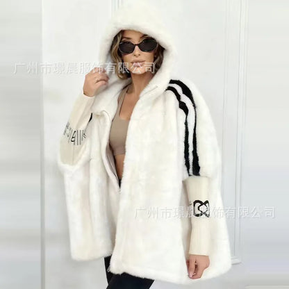 Women's plush hooded jacket with knitted sleeves and stripes