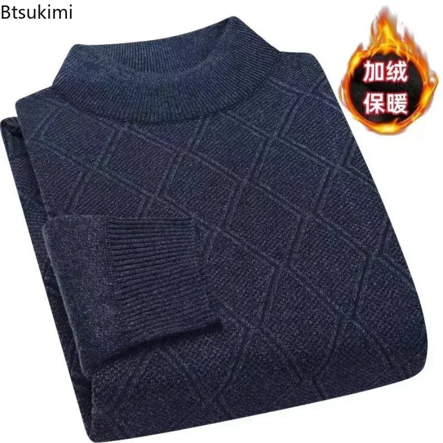 Men's turtleneck knitted sweater with diamond pattern, warm for winter