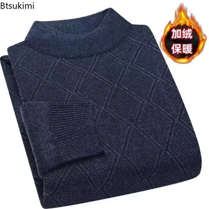 Men's turtleneck knitted sweater with diamond pattern, warm for winter