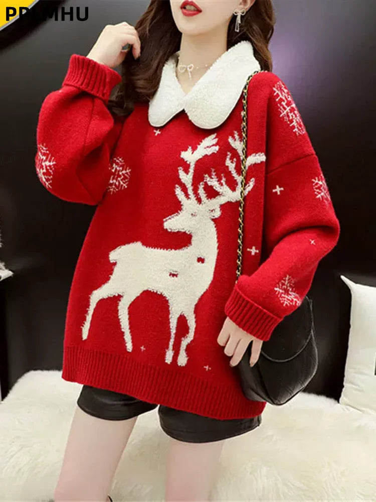 Women's Christmas sweater with deer motif, crew neck, and teddy fleece collar, long sleeves