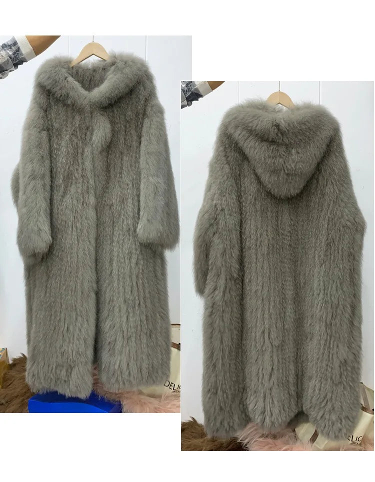 Long hooded coat with faux fur look