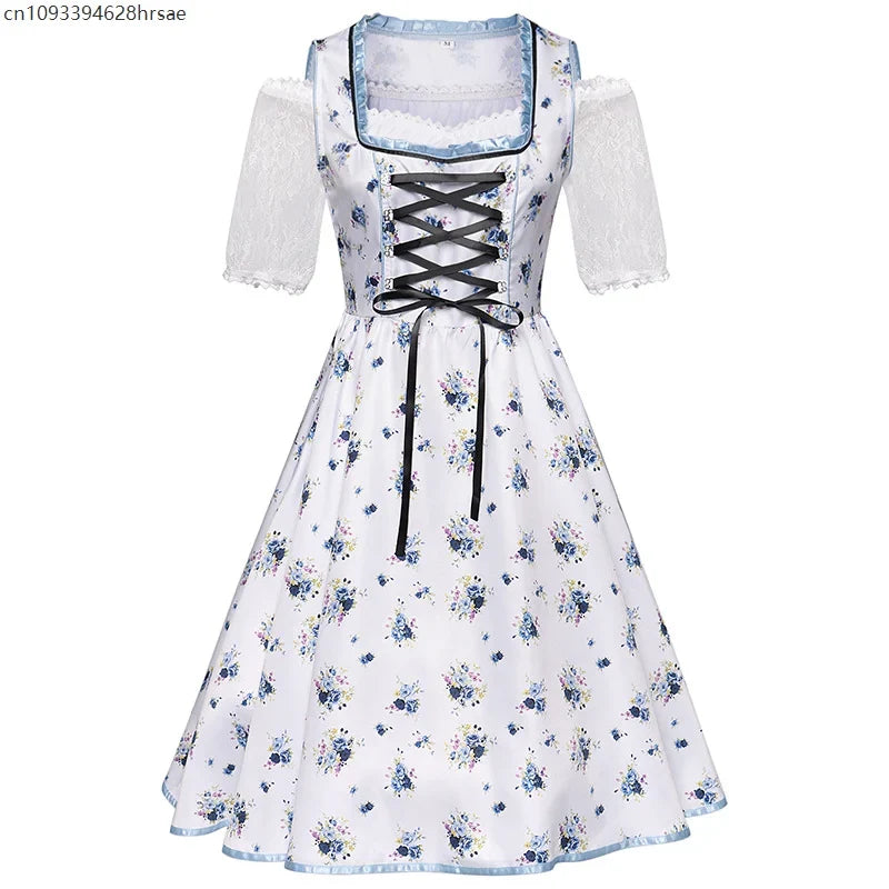Blue and white dirndl traditional dress with floral pattern & apron