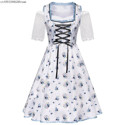 Blue and white dirndl traditional dress with floral pattern & apron
