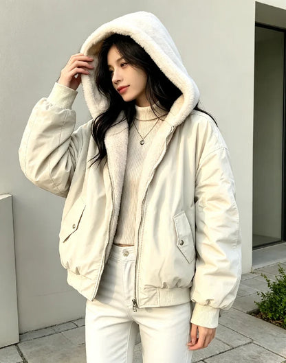 Damen Bomberjacke mit Kapuze Teddyfleece Wendbar Hellbeige
