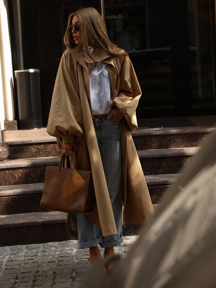 Women's long trench coat with bell sleeves