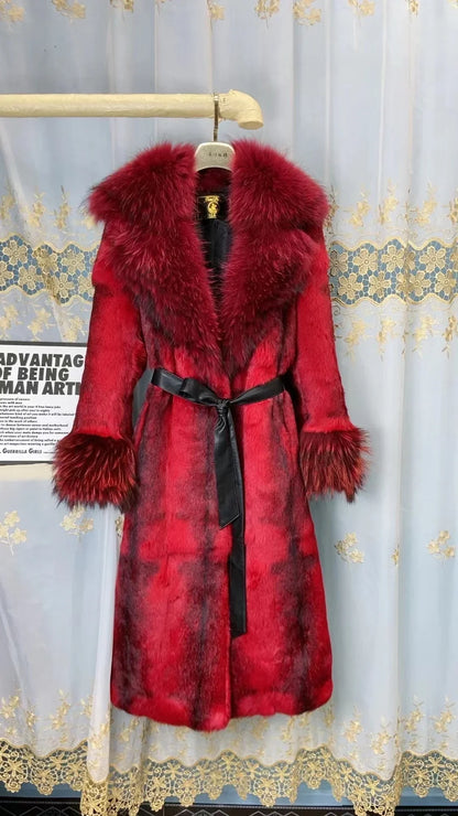 Faux Fur-Effect Winter Coat with Wide Collar and Belt