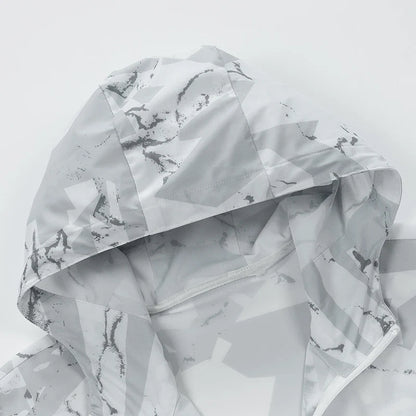 Men's hooded windbreaker jacket, lightweight outer material, camouflage pattern
