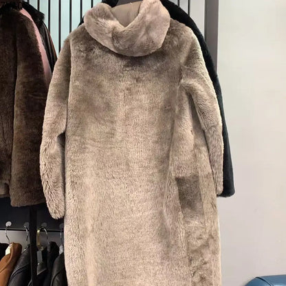 Women's long teddy-style coat with hood, button closure, beige