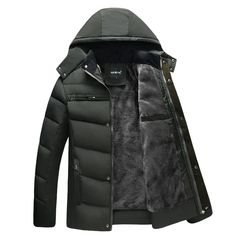 Men's hooded winter jacket, lined quilted jacket with zipper & buttons
