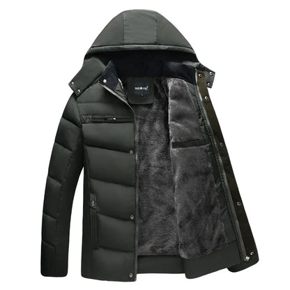 Men's hooded winter jacket, lined quilted jacket with zipper & buttons