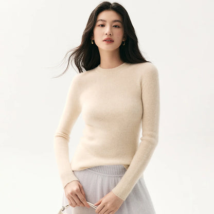 Damen Pullover Rundhals Langarm Gerippter Saum in verschiedenen Farben