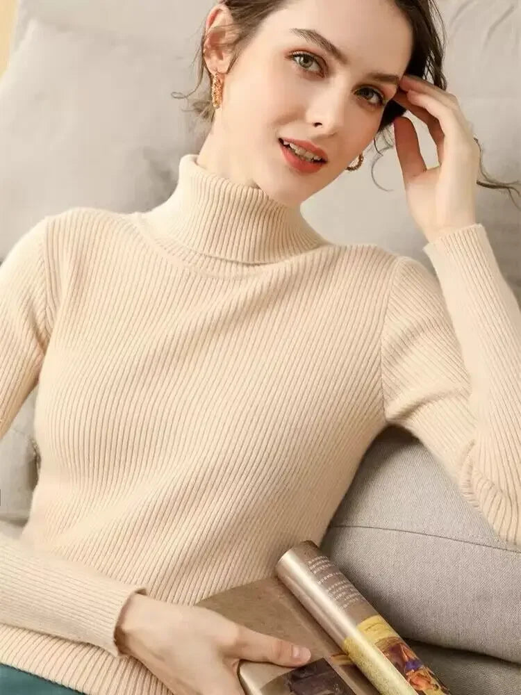Women's ribbed long-sleeved turtleneck sweater, slim fit