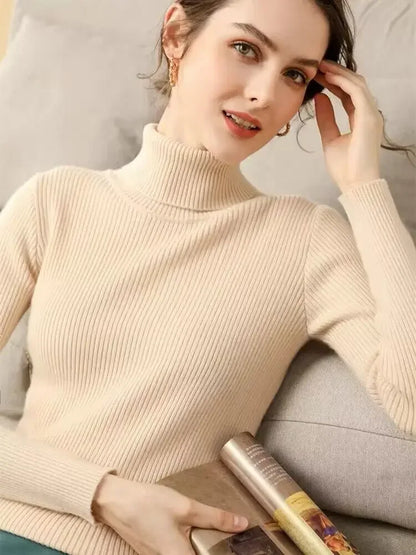Women's ribbed long-sleeved turtleneck sweater, slim fit