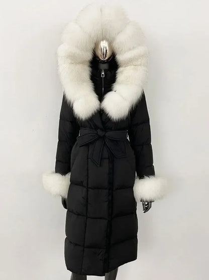 Women's quilted winter down coat with faux fur trim and belt