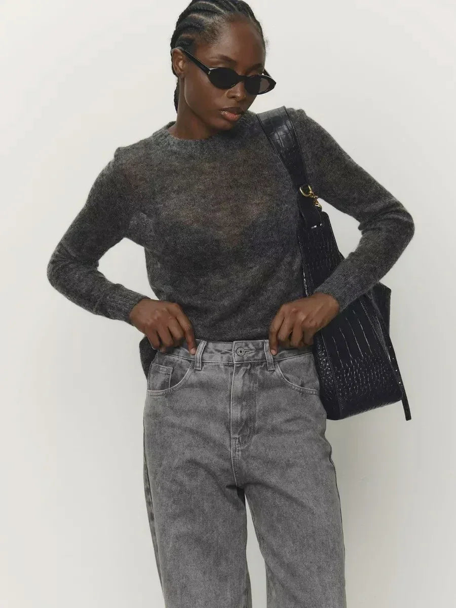 Damen Pullover leicht transparent Feinstrick Rundhals Langarm