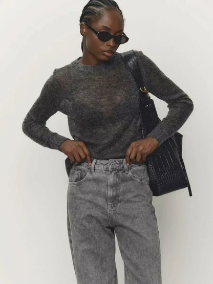 Damen Pullover leicht transparent Feinstrick Rundhals Langarm