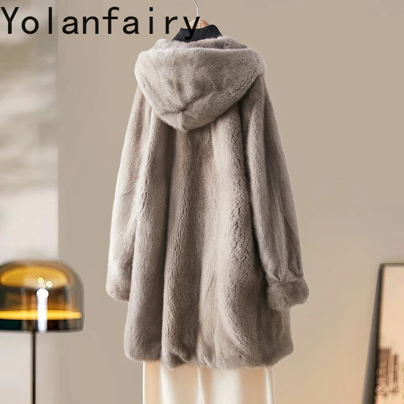 Damen Kapuzenmantel Flauschiger Wintermantel Beige Mittellang
