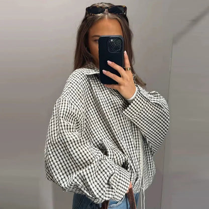 Damen Karo-Bluse Oversize Stehkragen Gesteppte Ärmel
