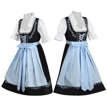 Damen Dirndl Trachtenkleid Schwarz Blau mit Stickerei und Schürze