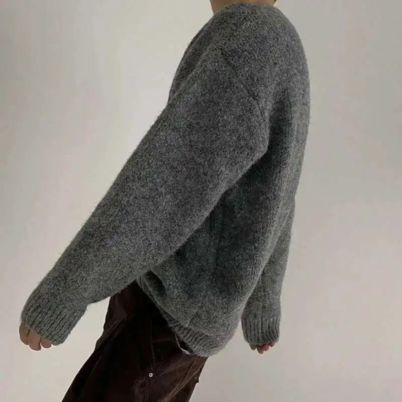 Men's Chunky-Knit Crew-Neck Sweater Gray Long-Sleeve