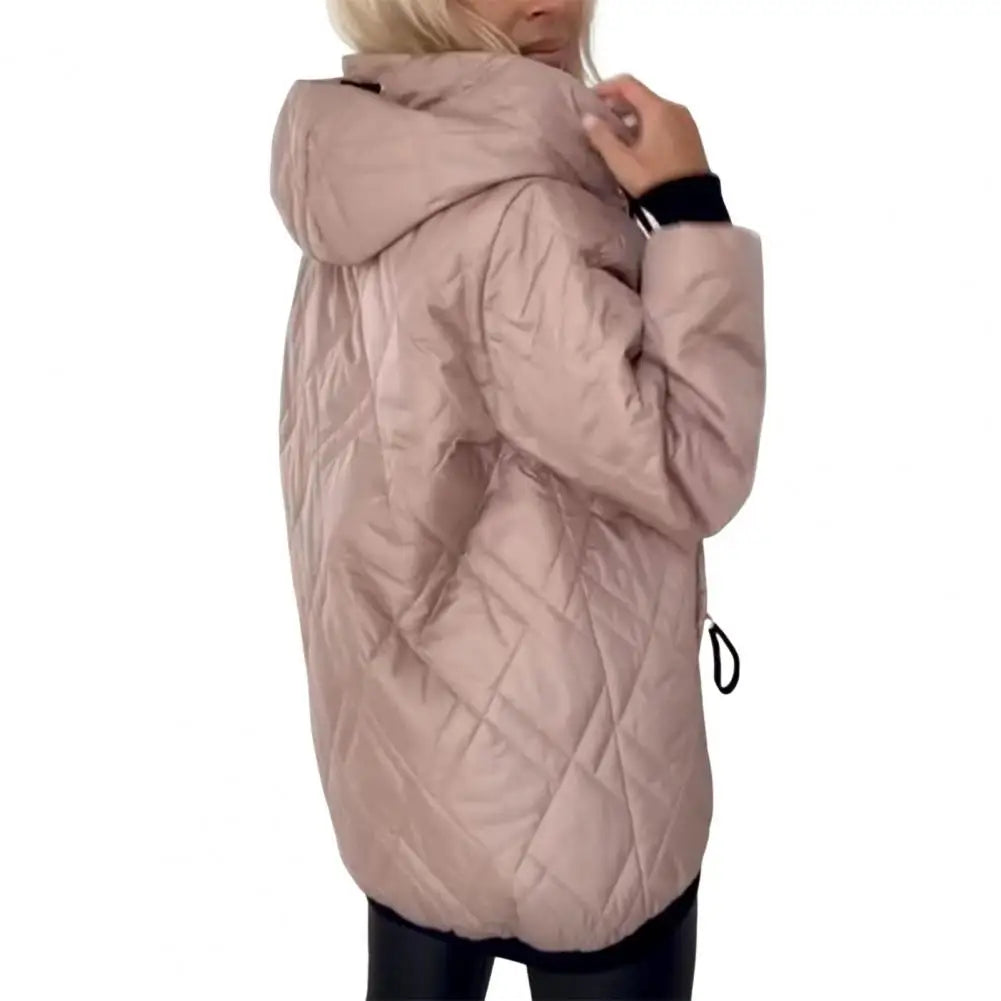 Women's quilted jacket with hood, zipper, and stand collar