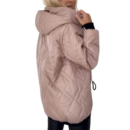 Women's quilted jacket with hood, zipper, and stand collar