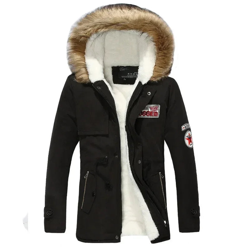 Men's winter parka with hood, faux-fur lining & patches, khaki