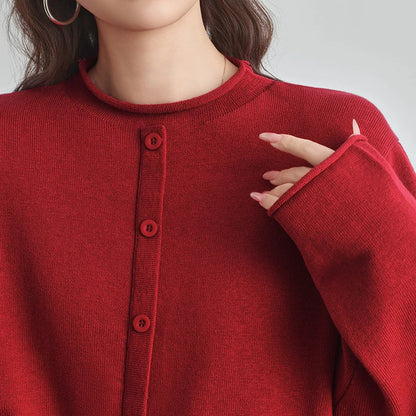 Damen Cardigan Rundhals Langarm Strickjacke mit Knöpfen